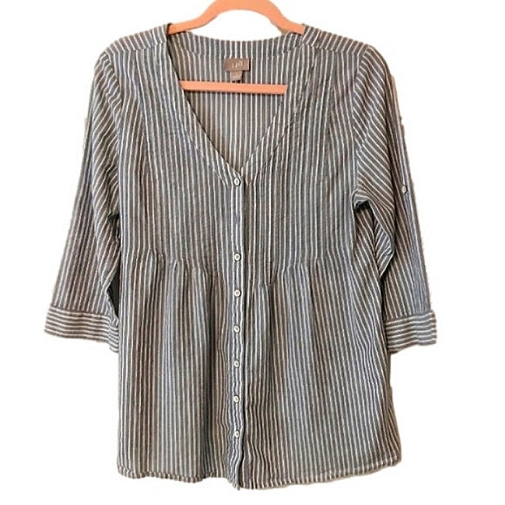 J.JILL Blue & White Striped Lightweight 100% Cotton V-Neck Button‎ Front Shirt
